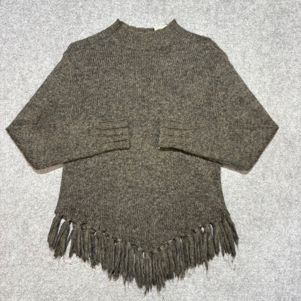 White Stag Women Brown Ramie Wool Blend Fringe Hem Mock Neck Sweater Small